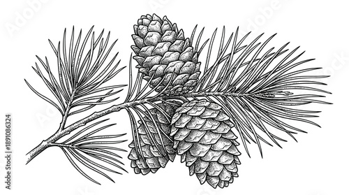 Detailed illustration of pine cones and needles on a branch.