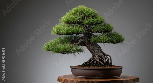 Elegant Bonsai Tree Displayed on a Wooden Pedestal Against a Soft Grey Background.