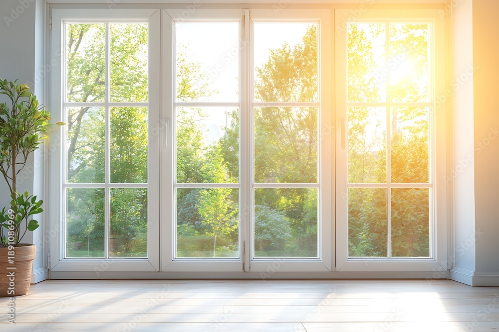 Fototapeta premium Bright Morning Sunlight Streaming Through Large Windows into a Room with Greenery View