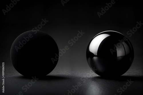 Sphere contrast: Two glossy and matte spheres stand against a stark dark backdrop, presenting a study in textures. This image highlights the interplay of light and shadow.
