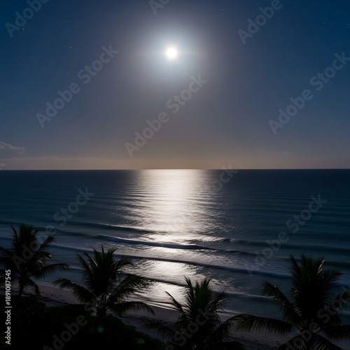 Full Moon Reflecting on Ocean Waves with Palm Trees at Night.