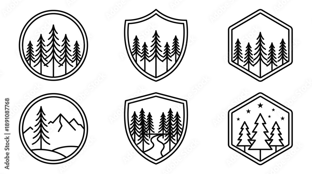 Fototapeta premium Set of six minimalist nature emblems with pine trees and mountains.