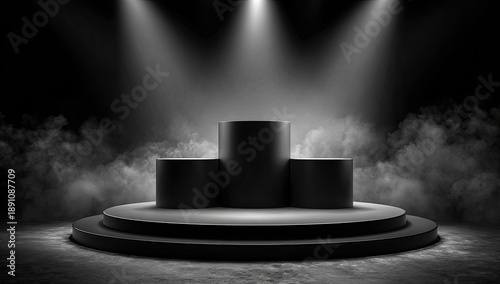 A black cylindrical stage with three tiers under spotlights, surrounded by smoky atmosphere