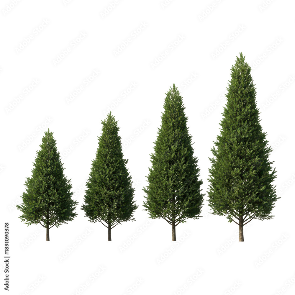 Fototapeta premium Four green conifer trees isolated on transparent background for landscaping