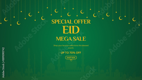 Eid sale, web header or banner design with crescent moon, and upto 70% discount offers on green background.
