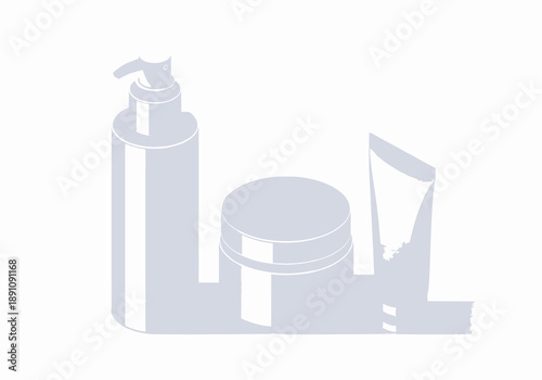 Cosmetic products set on a white tabletop viewed from the front includes bottle, jar, and tube.