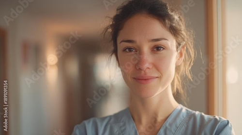 Close-up portrait of a young woman with shoulder-length brunette hair. she is wearing a light blue scrub top and is looking directly at the camera with a slight smile on her face.