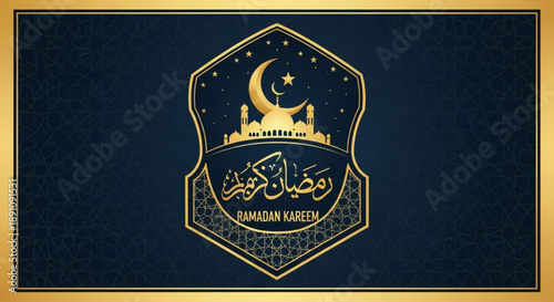 Ramadan kareem gold emblem with crescent moon and mosque on dark blue background with arabic calligraphy