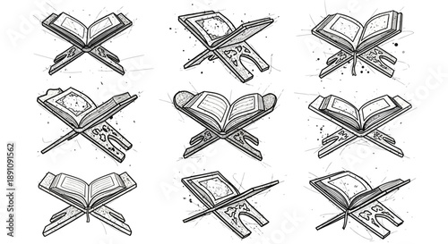 Collection of illustrated open books with swords crossing over them, depicted from a straightforward viewpoint