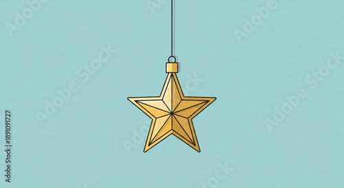 Golden christmas star decoration hanging on a string against a soft blue background with subtle texture and simple minimalist design