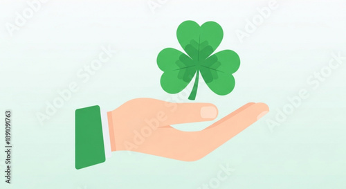 Hand holding a four leaf clover symbolizing good fortune luck and positivity with a green sleeve and light background