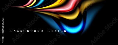 Abstract colorful waves flow across black background. Dynamic design evokes movement, energy, modern aesthetic. Simple text labels bottom portion.