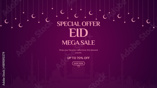 Eid sale, web header or banner design with crescent moon, and upto 70% discount offers on purple background.