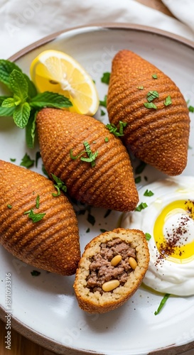 Delicious Kibbeh Fried Middle Eastern Food Served with Yogurt and Lemon.