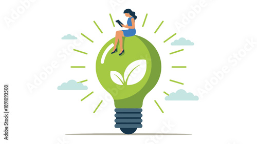 Woman Reading on a Green Light Bulb with Leaves and Clouds, Symbolizing Eco-Friendly Ideas
