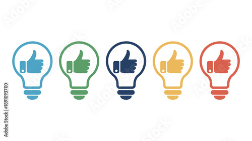 Five colorful lightbulbs with thumbs up icons, symbolizing good ideas