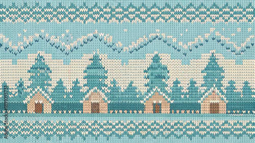 Pastel Knitted Pattern Christmas tree mountain vector background 