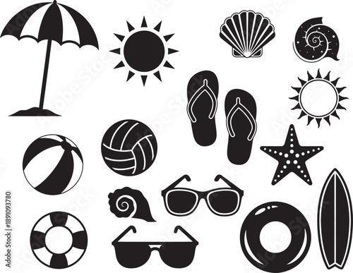Beach Vacation  and Summer Icons: Umbrella, Sun, Seashells, Flip-Flops, Beach Ball, Volleyball, Starfish, Surfboard, Lifebuoy, Sunglasses