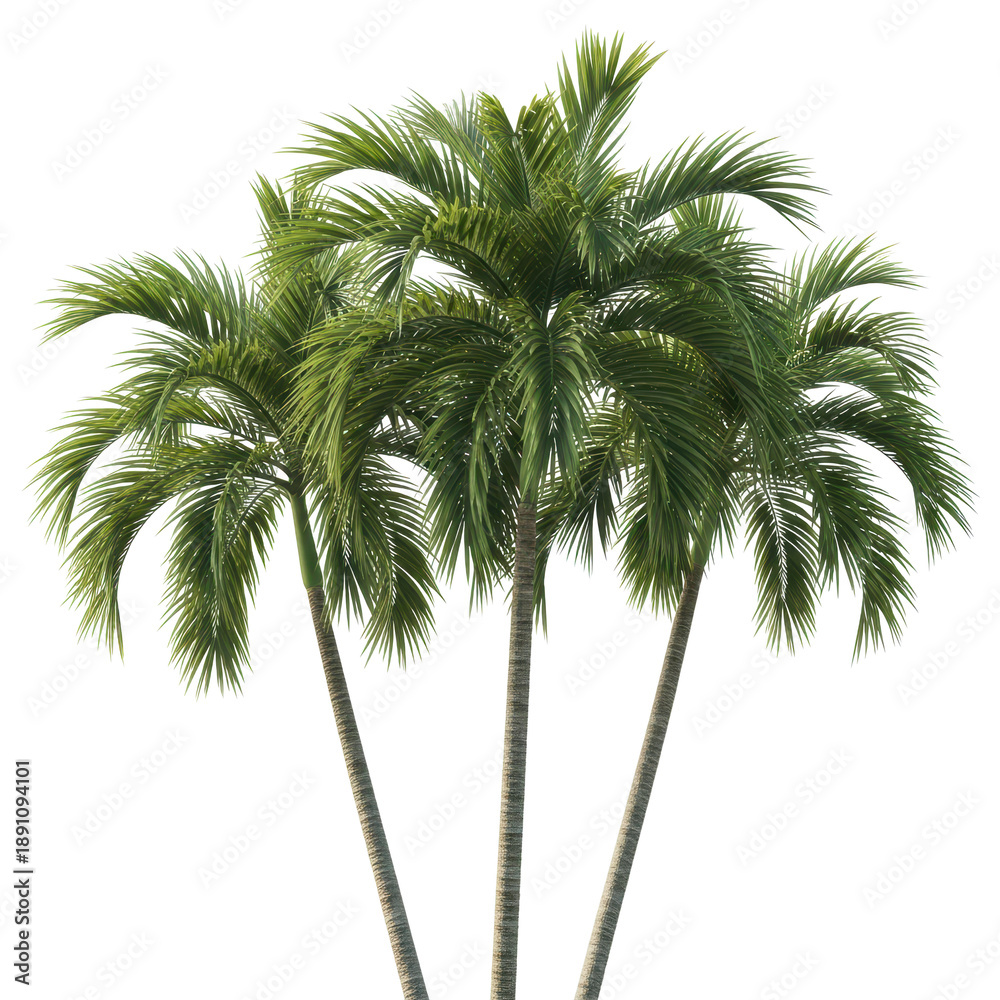 Obraz premium Three palm trees isolated on transparent background with green leaves and trunks