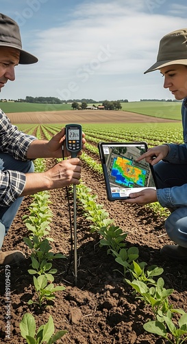 Farmers using modern technology to analyze soil and crop health in a field.