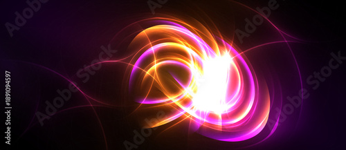 Bright swirling light forms abstract shapes. Vivid orange, purple hues dominate dark background. Energy radiates from central point.