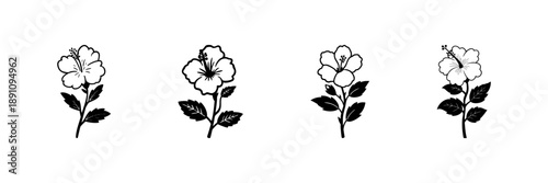 Hibiscus Flower Illustrations In Hand Drawn Style Set. Botanical Art, Floral Design, Nature-Inspired Doodle Sketch Collection. Decorative Plant Motifs. Isolated Vector Illustration