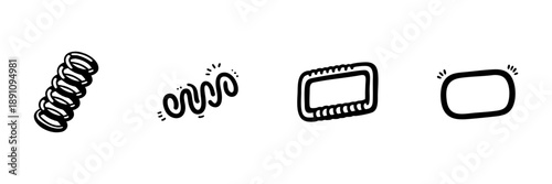 Spring And Coil Icons In Hand Drawn Style Set. Flexibility, Elasticity, And Compression Doodle Sketch Collection. Mechanical And Industrial Concepts. Isolated Vector Illustration