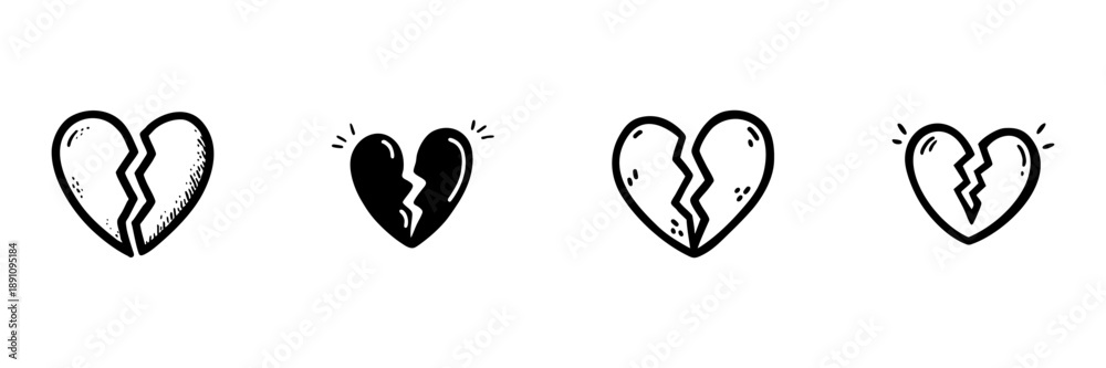 Obraz premium Broken Heart Icons In Hand Drawn Style Set. Emotional Distress, Heartbreak, Relationship Challenges Doodle Sketch Collection. Love And Sadness Symbols. Isolated Vector Illustration