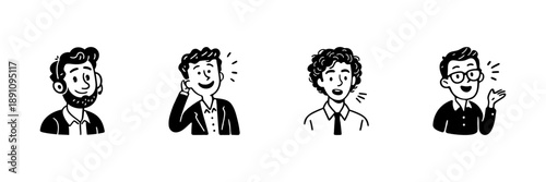 Four Male Characters In Hand Drawn Style Set. Communication, Customer Service, Professional Interaction Doodle Sketch Collection. Business And Networking. Isolated Vector Illustration