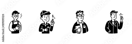 Four Diverse Worker Characters In Hand Drawn Style Set. Occupation Representation, Professional Roles, And Career Diversity Doodle Sketch Collection. Isolated Vector Illustration