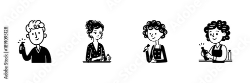 People Using Bottles And Tools In Hand Drawn Style Set. Personal Care, Beauty, And Hygiene Doodle Sketch Collection. Everyday Routine Activities. Isolated Vector Illustration