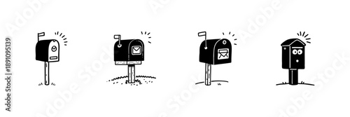 Mailboxes With Flags In Hand Drawn Style Set. Postal Communication, Mail Delivery, Notification Alert Doodle Sketch Collection. Quirky Mailbox Designs. Isolated Vector Illustration