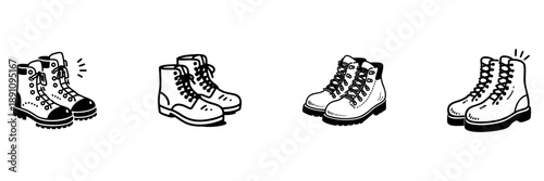 Hiking Boots Collection In Hand Drawn Style Set. Outdoor Adventure, Trekking, And Footwear Doodle Sketch Collection. Rugged And Durable Design. Isolated Vector Illustration