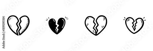 Broken Heart Icons In Hand Drawn Style Set. Emotional Distress, Heartbreak, Relationship Challenges Doodle Sketch Collection. Love And Sadness Symbols. Isolated Vector Illustration