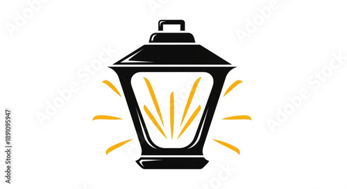 Black lantern with yellow light rays on white background symbolizing hope and guidance
