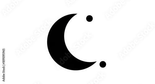 Smiling crescent moon symbol with two dots on white background representing happiness and positivity in a minimalist design