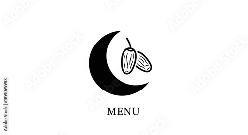 Black and white logo of crescent moon with almonds and menu text on plain background