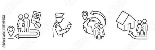 Family migration icons set, contains such as deportation, passport control, and new residence, returning home, line vector art icon.