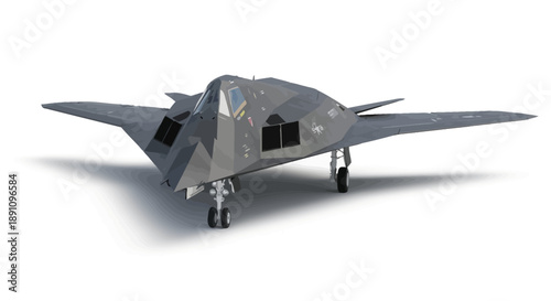 Stealth aircraft on landing gear viewed from front on white background