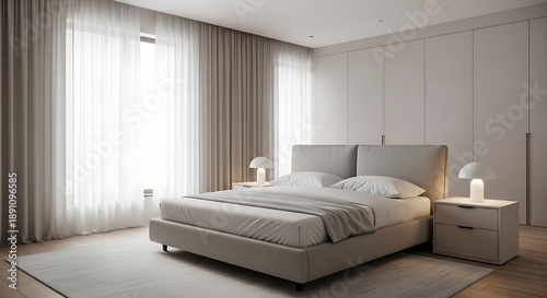 Modern Bedroom Interior Design with King Size Bed and Natural Light.