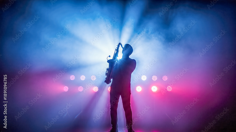 Fototapeta premium Silhouette of male musician playing saxophone on stage with blue and pink smoke lights during jazz concert music performance