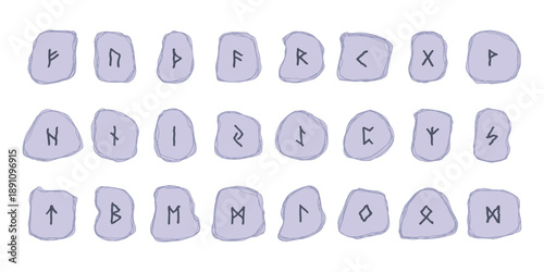 Set of hand drawn viking runes Rune stones with ancient norse alphabet characters engraved on them Scandinavian futhark germanic celtic Single element for design, print, web, decor
