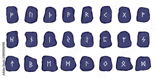 Set of hand drawn viking runes Rune stones with ancient norse alphabet characters engraved on them Scandinavian futhark germanic celtic Single element for design, print, web, decor
