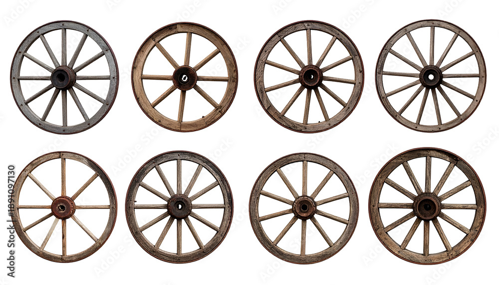 Fototapeta premium Eight weathered wooden wagon wheels of varying conditions, arranged in two rows