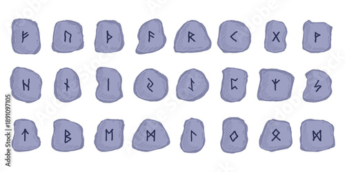 Set of hand drawn viking runes Rune stones with ancient norse alphabet characters engraved on them Scandinavian futhark germanic celtic Single element for design, print, web, decor