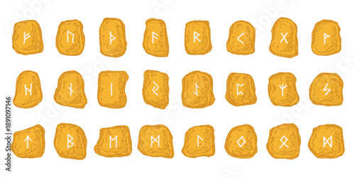Set of hand drawn viking runes Rune stones with ancient norse alphabet characters engraved on them Scandinavian futhark germanic celtic Single element for design, print, web, decor