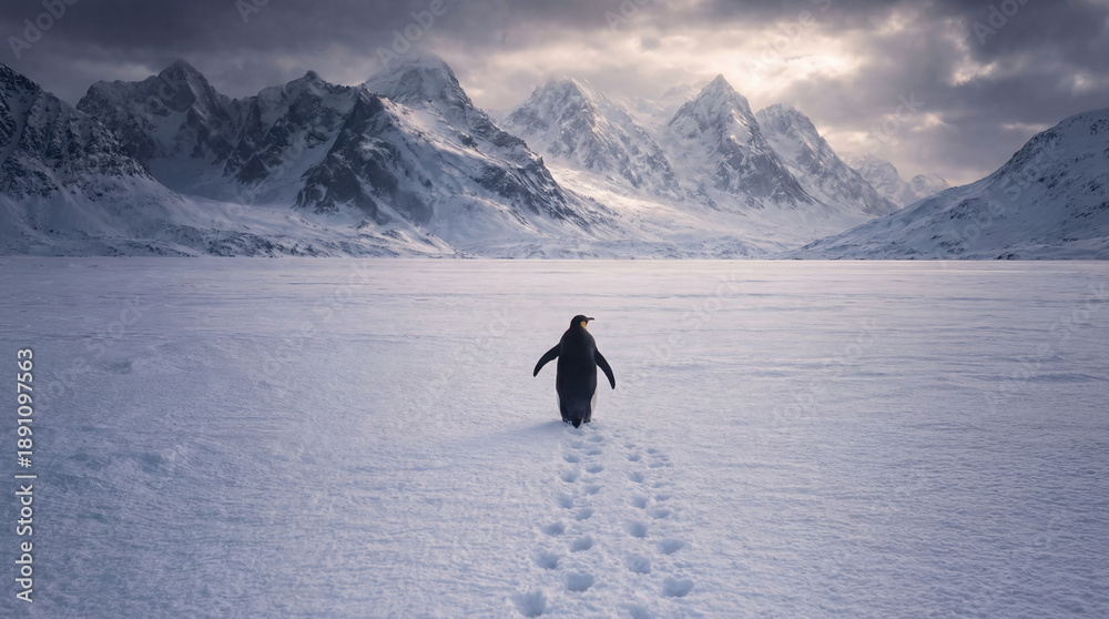 Fototapeta premium Lone emperor penguin leaving footprints across a vast Antarctic snowfield toward dramatic icy mountains under a moody sky—minimalist winter wildlife landscape, cinematic serenity in high detail!