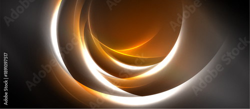 Abstract design features layered orange glowing circles against dark background. Smooth curves create dynamic visual effect.