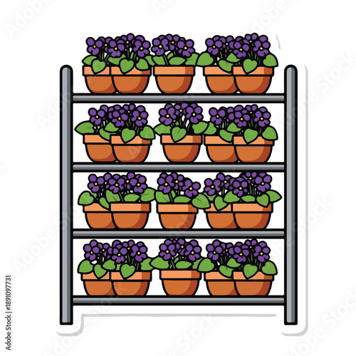 A cartoon-style metal shelf with potted purple flowers