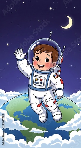 Cute Cartoon Boy Astronaut Waving in Outer Space Above Earth.